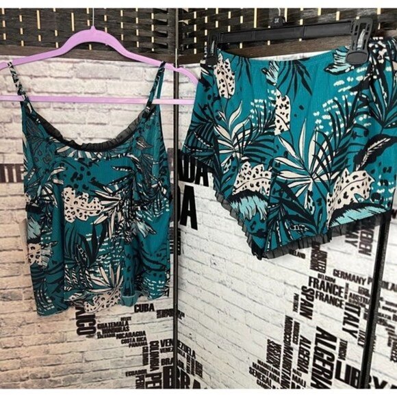 Secret Treasures XL Teal Jungle Floral Mesh Trim Cami Lounge Shortie Set - Picture 2 of 4